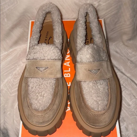 NWT VOILE BLANCHE GRENELLE MOK Fur Suede And Wool Moccasins in Beige - Picture 9 of 16